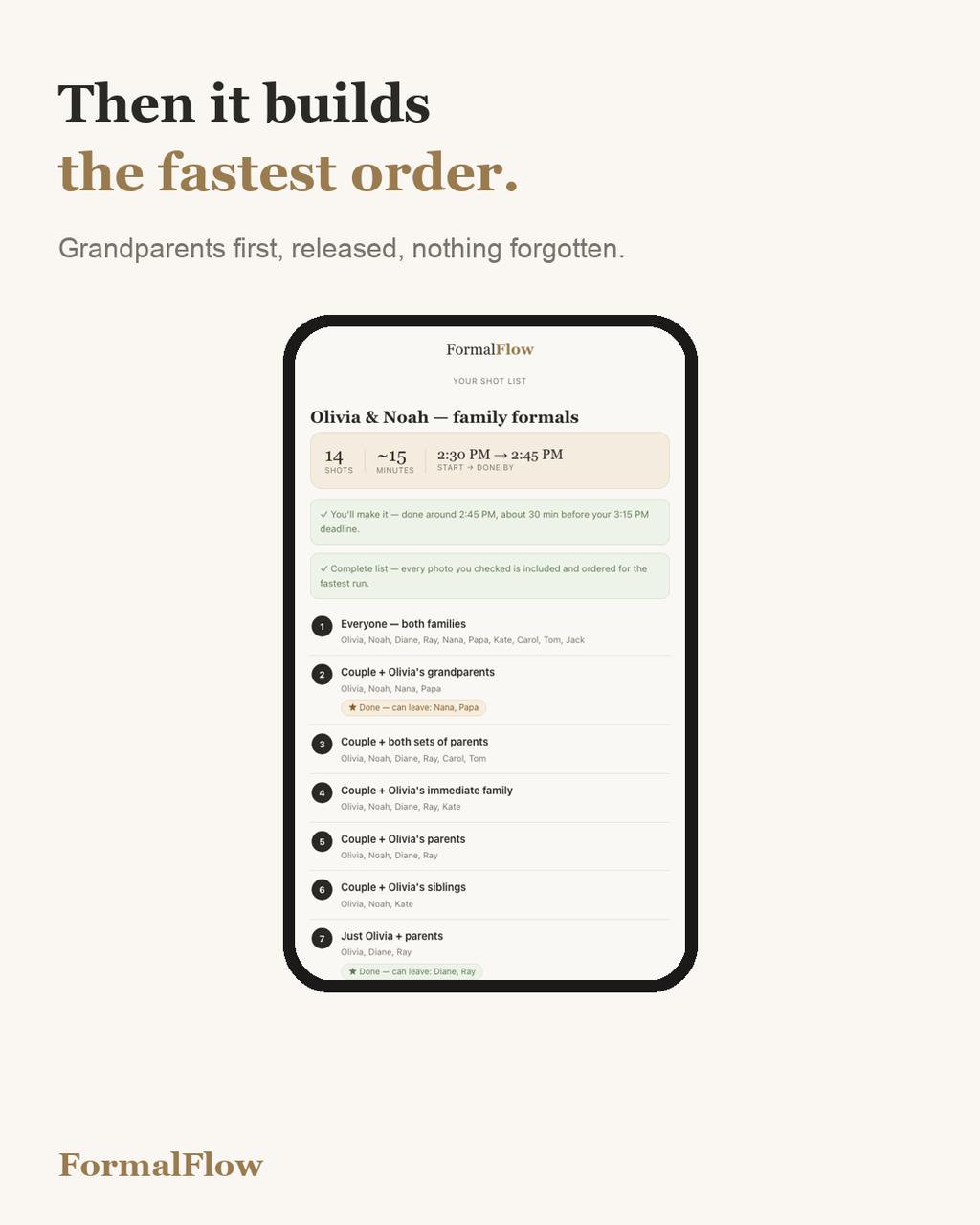 Family Formal Shot List Optimizer for Wedding Photographers | Auto-Orders Family Photos + Time Estimate | Offline App, No Subscription