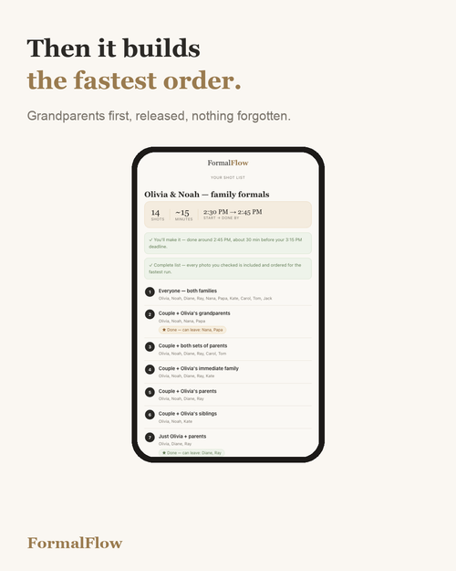 Family Formal Shot List Optimizer for Wedding Photographers | Auto-Orders Family Photos + Time Estimate | Offline App, No Subscription